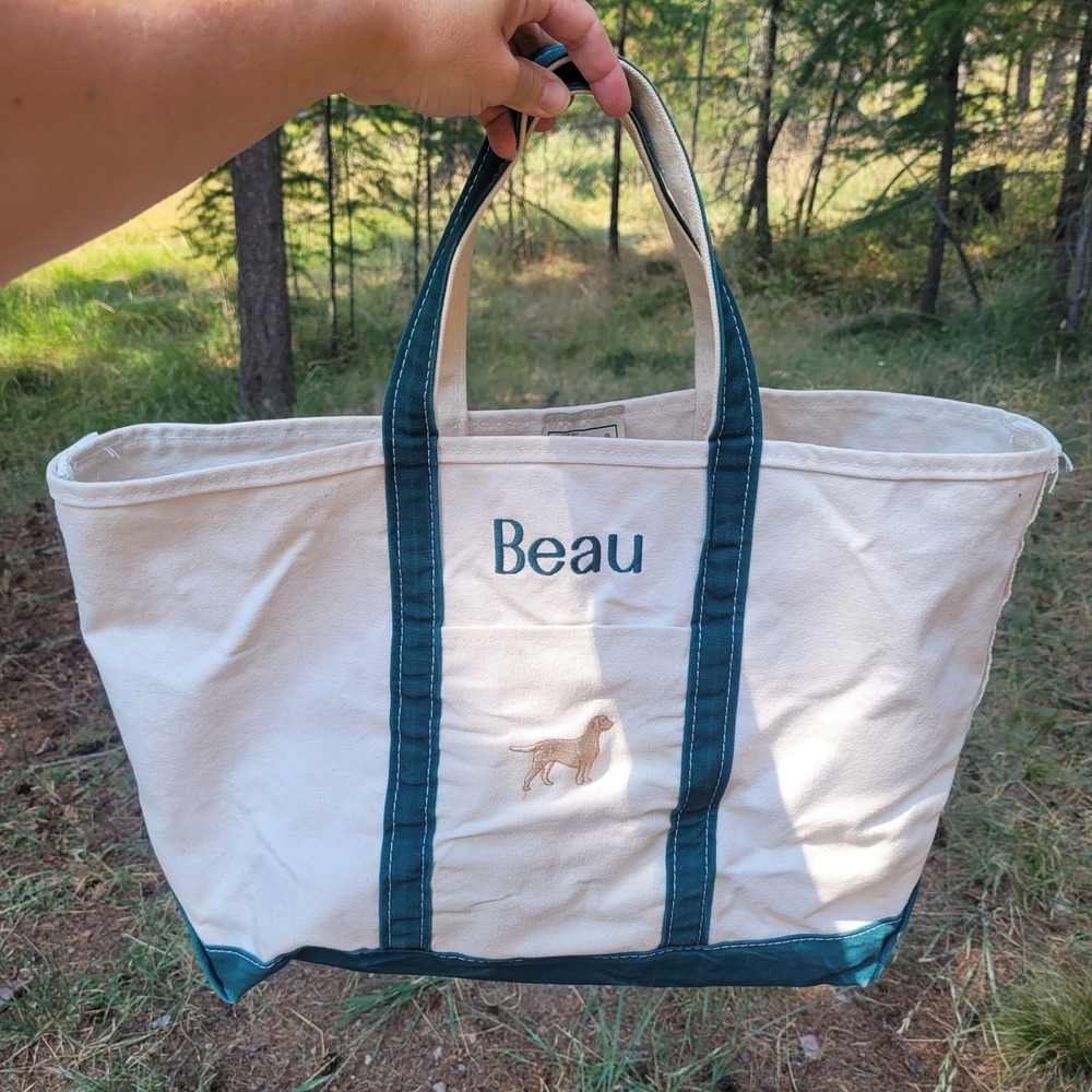 LL Bean Boat and Tote Bag Large Canvas Bag Green Dog Embroidery Beach Preppy